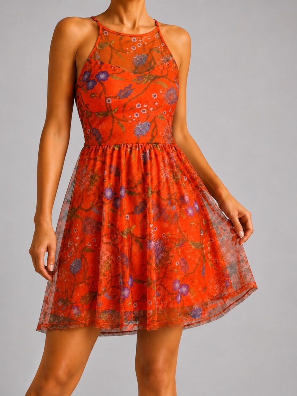 Candie's Orange/Red Floral Sleeveless Fit & Flare Dress | Size Small